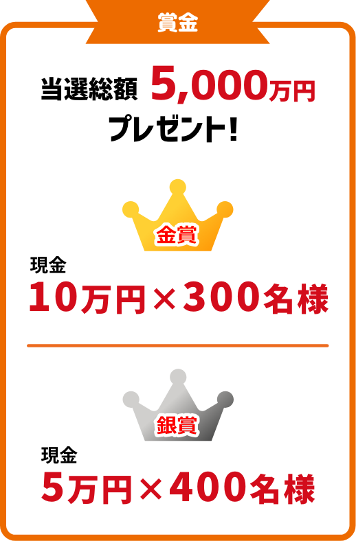 賞金　金賞：現金10万円×300名様　銀賞：現金5万円×400名様