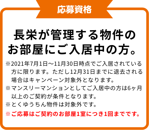 応募資格　長栄が管理する物件のお部屋にご入居の方